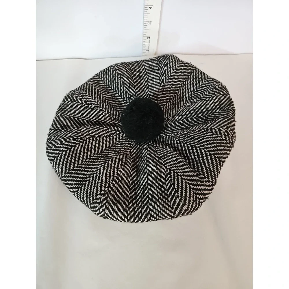 August Herringbone POM POM‎ Beret Women's Hat Black & White